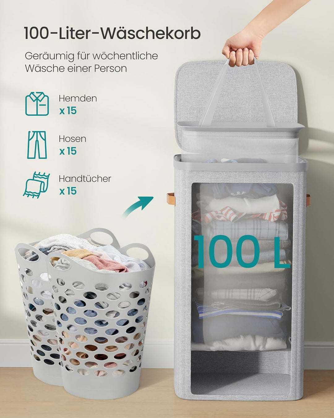 SONGMICS Wäschekorb, 100 L Wäschesammler, Wäschetonne, leichter Aufbau, mit Deckel und Griffen, hera
