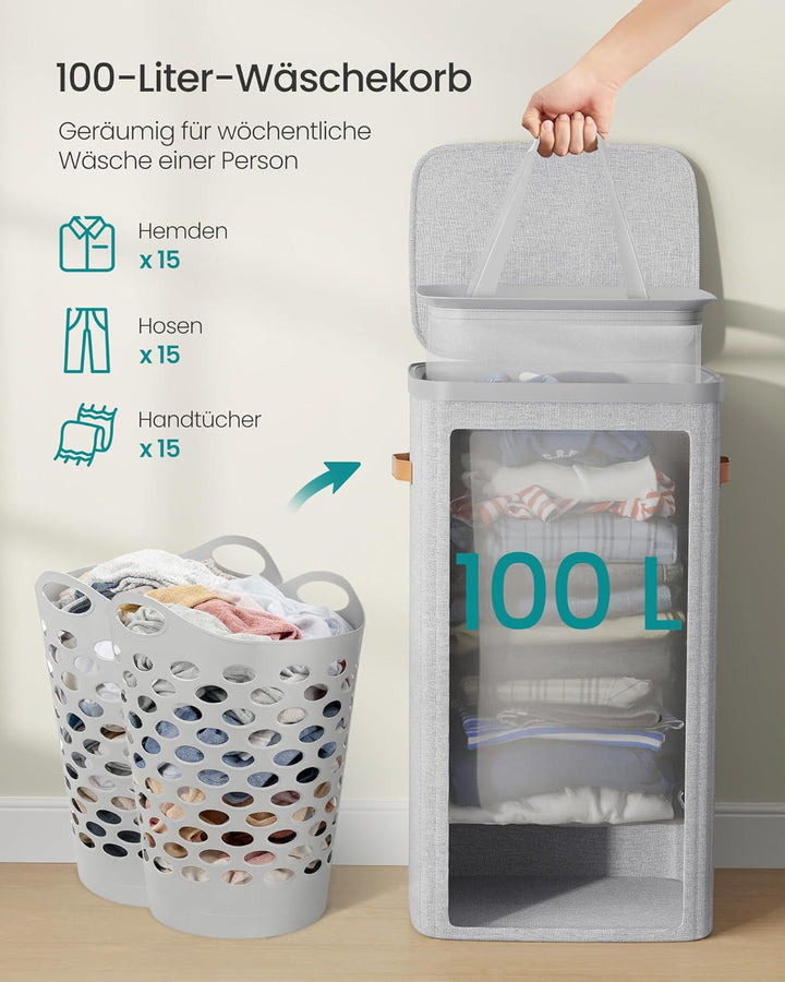 SONGMICS Wäschekorb, 100 L Wäschesammler, Wäschetonne, leichter Aufbau, mit Deckel und Griffen, hera
