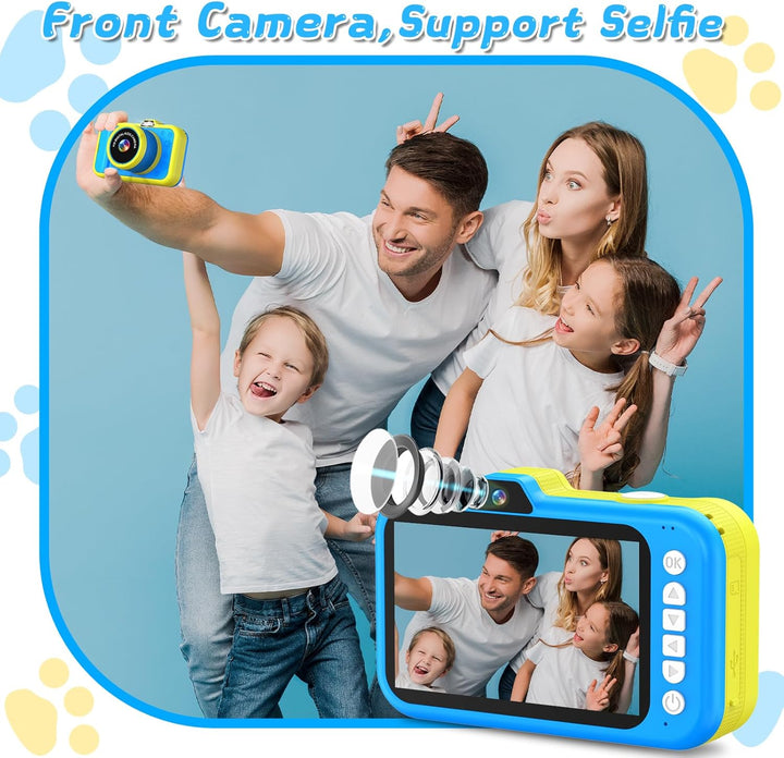 Kinderkamera mit 360°Rotierendes Zoomobjektiv, 3,5" Grosses Display, Kinder Kamera mit Selfies, LED-
