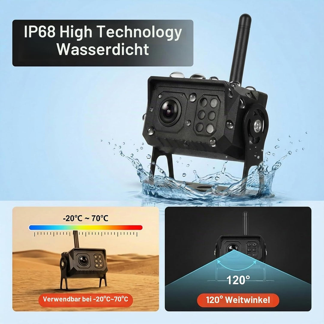 CAMECHO [Touchscreen] Rückfahrkamera Kabellos IP68 Wasserdicht mit 7 Zoll HD Monitor Dashcam Nachtsi
