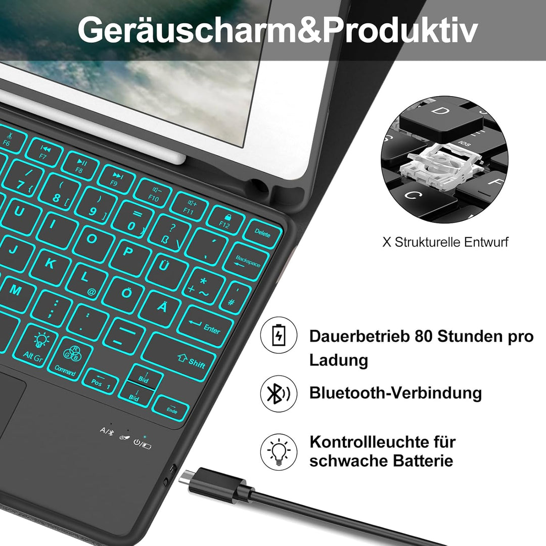 IVEOPPE Hülle mit Tastatur für iPad 6. Generation 9.7 Zoll Con Touchpad, Magnetisch Abnehmbarer QWER
