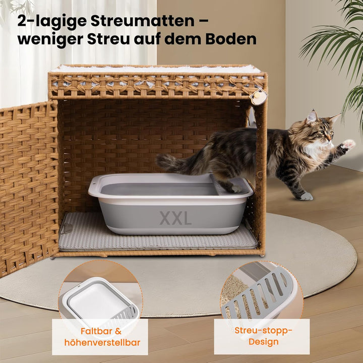Katzenklo: Versteckte Katzentoilette aus Rattan in Möbeloptik mit auslaufsicherer Katzenklo-Matte fü