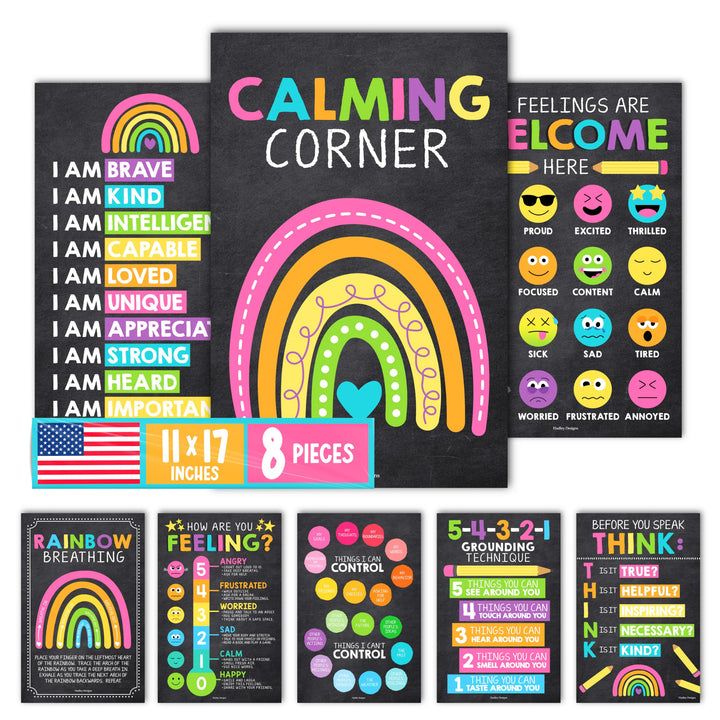 8 Kreidetafel-Poster mit beruhigender Ecke, für Klassenzimmer, Must-Haves für Lehrer – Calm Down Cor