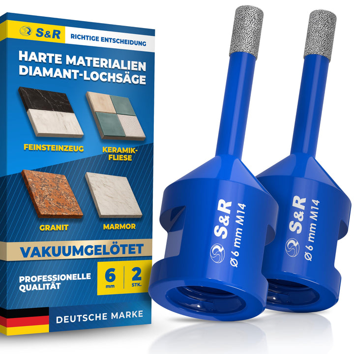 S&R Professional 2-tlg Diamantbohrer M14, Diamant Fliesenbohrer Set 6mm für Winkelschleifer, für Har