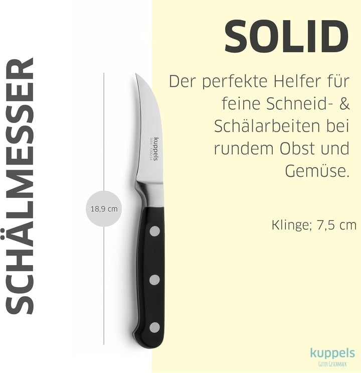 Kuppels SOLID Küchenmesser Set 3-teilig, Tomatenmesser mit Wellenschliff, Spickmesser & Schälmesser