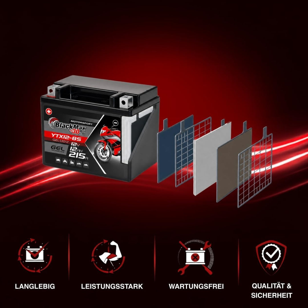 BlackMax YTX12-BS Motorradbatterie GEL 12V 12Ah CTX12-BS Batterie 51012 Quad 12Ah - 215A - YTX12-BS,