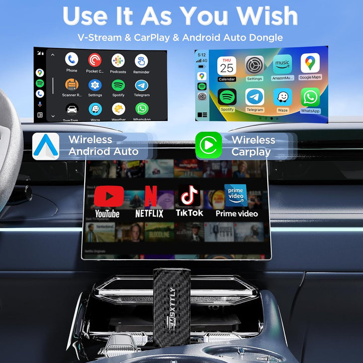 Wireless CarPlay Android Auto Adapter 3-in-1 2026, V-Stream unterstützt Netflix/YouTube, kompatibel