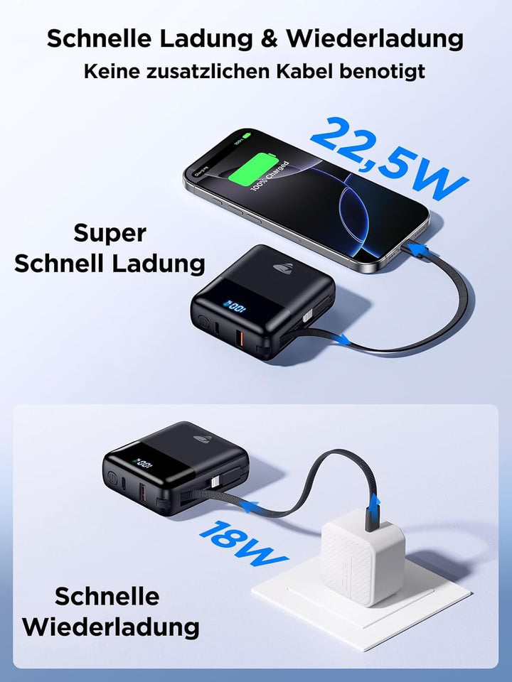 Aioneus Mini PowerBank, 10000mAh Power Bank mit Integriertem USB-C & Lightning Kabel, Minigrösse Ext