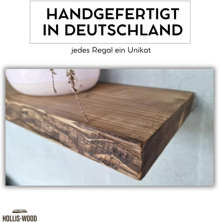 Wandregal schwebend, rustikale Designkante – Massivholz 40 mm, 20 cm tief, unsichtbare Halterung, ha