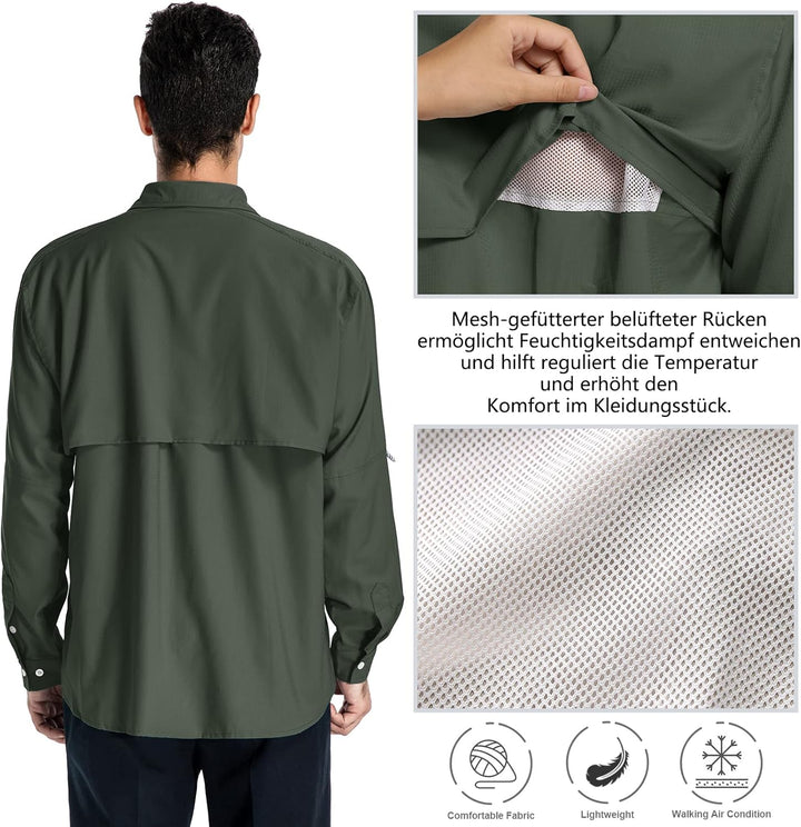 Outdoor Hemd Herren Langarm Safari Hemd UPF50 UV Schutz Funktionshemd Atmungsaktiv Button Down Hemd