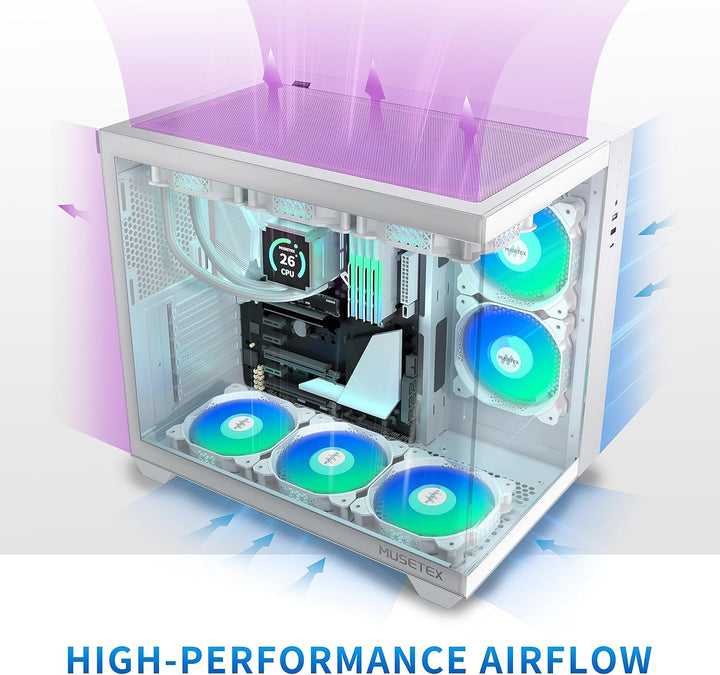 MUSETEX PC Gehäuse ATX,6 PWM ARGB Lüfter vorinstalliert,360MM Rad Unterstützung,Type-C Gaming PC Geh