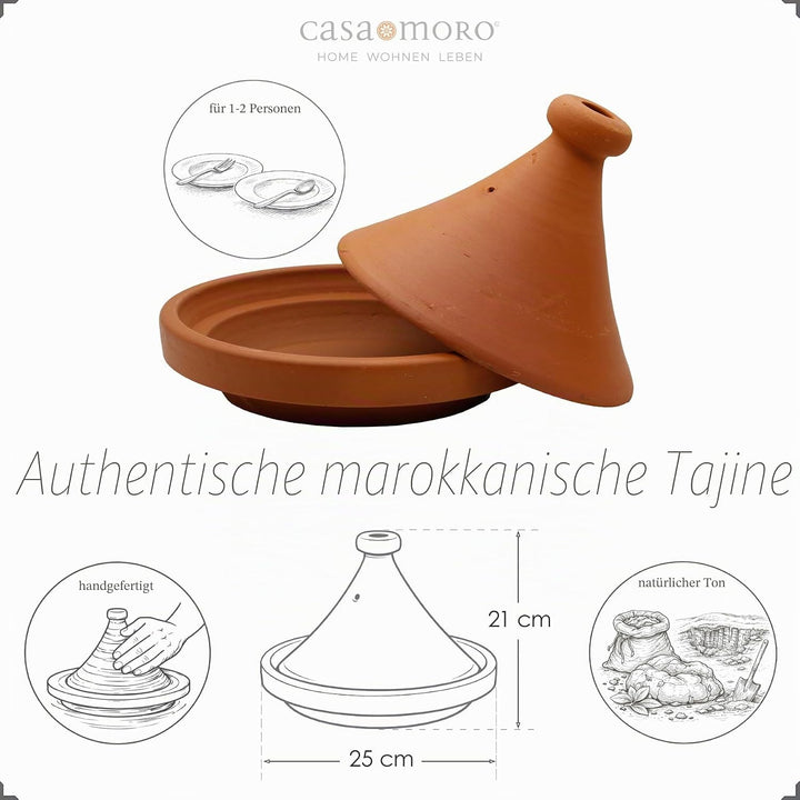 Tajine Schmortopf aus Ton – Marokkanisch Kochen für 1-2 Personen – Ø 25 cm Tagine unglasierter Garto