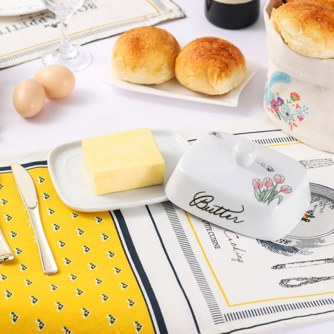 Butterdose mit Griff für 250g Butter, Hochwertige Keramik, Weiss mit Blumen Bienen Muster, Porzellan