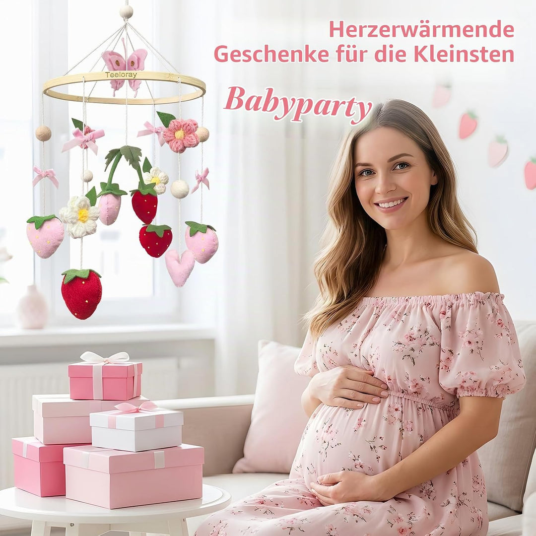 Mobile Baby mit Erdbeere, Blumen und Filzbällen Mädchen baby mobile windspiel für Babybett, Mobile B
