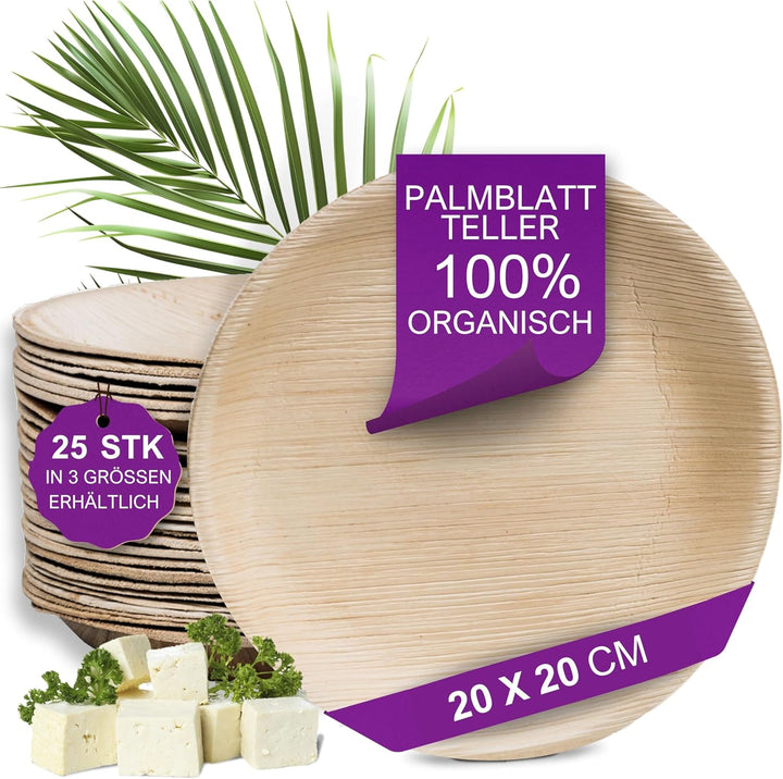 Waipur Bio Palmblatt Geschirr - 25 Teller rund Ø 20 cm - Premium Einmalteller kompostierbar- Umweltf