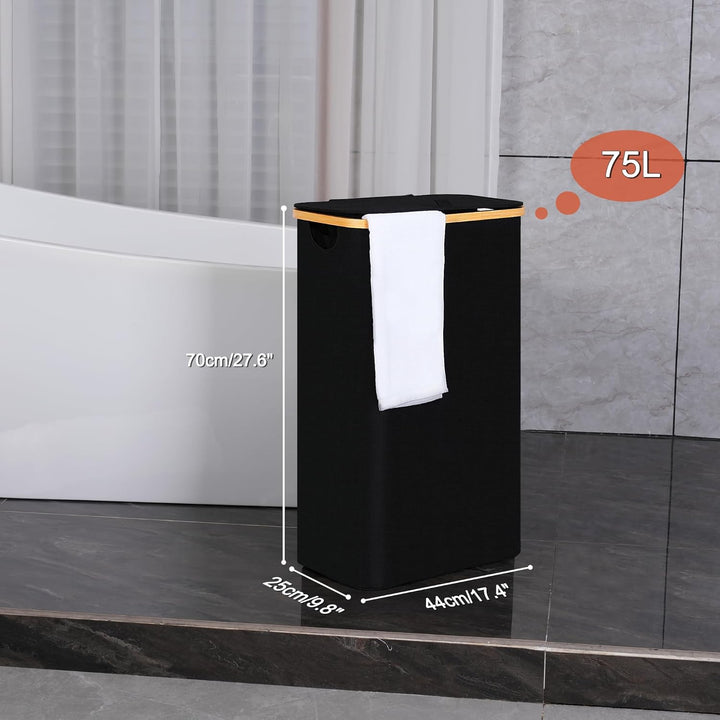 efluky Wäschekorb mit Deckel 75L, Schmal Wäschekorb mit Waschbarer Innentasche, Schwarz Wäschebehält