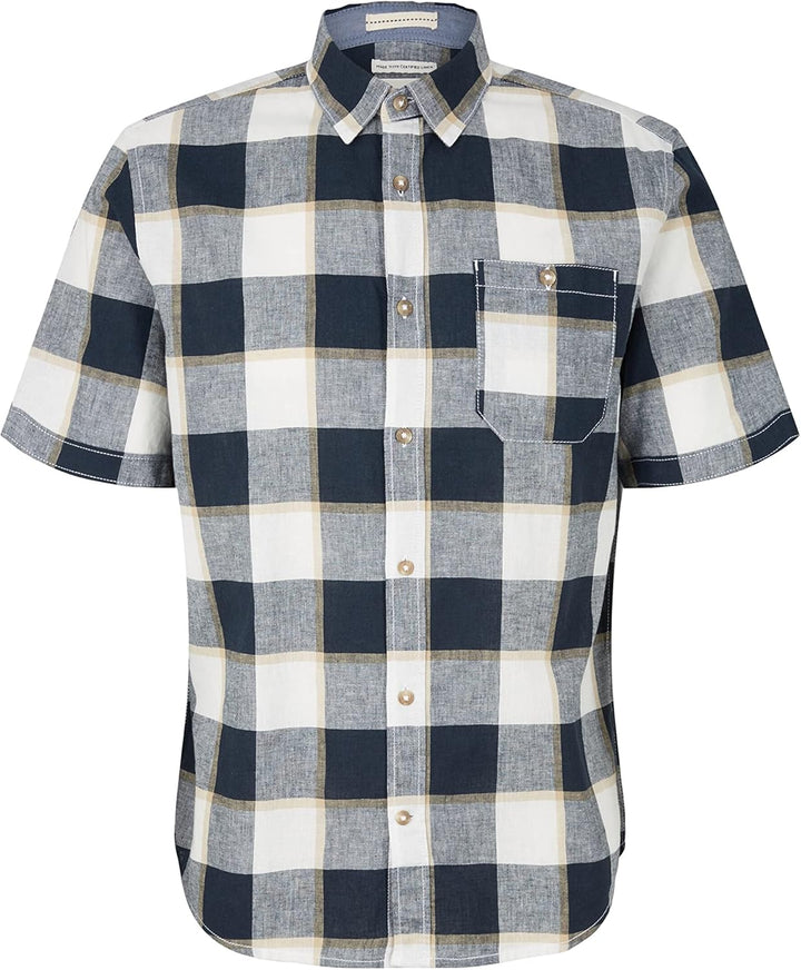 TOM TAILOR Herren Kurzarm-Hemd aus Leinen XXL 31237 - Navy Off White Beige Check, XXL 31237 - Navy O