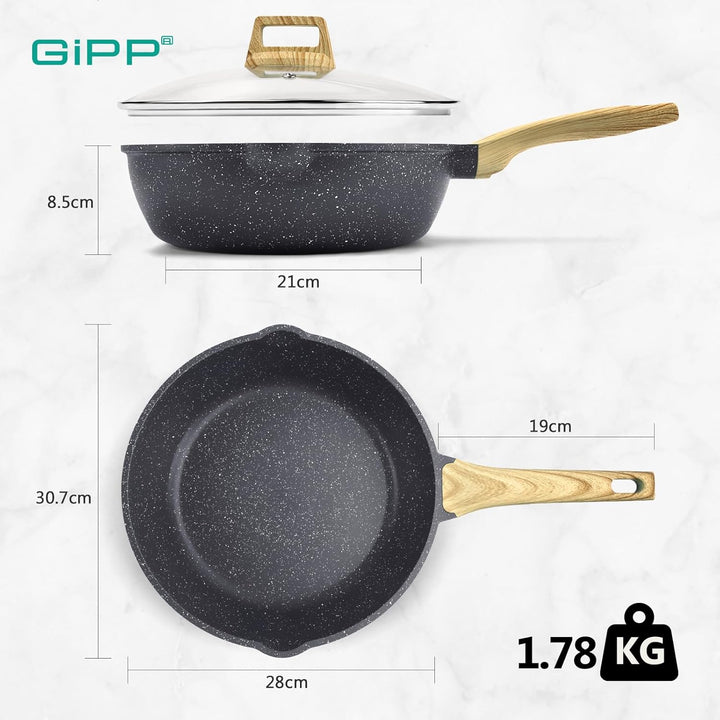 GiPP 28 cm Wokpfanne mit Deckel, Antihaft Pfanne mit Deckel 28cm Hoher Rand, Granit-Antihaftbeschich