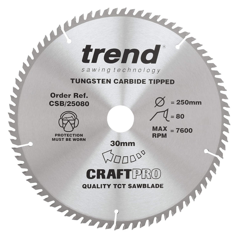 Trend CraftPro Fine Trim TCT Finishing Sägeblatt für Tischkreissäge, 250mm Durchmesser x 80 Zähne x