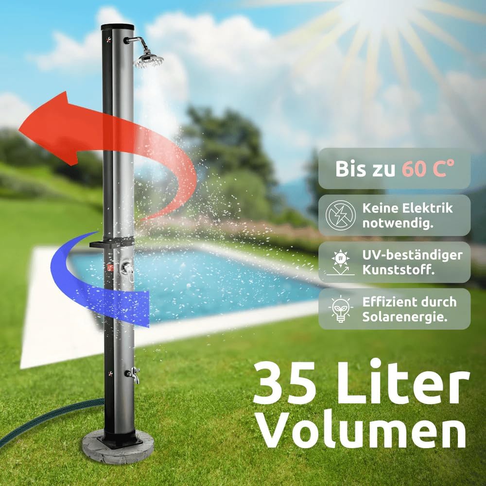 DELUKE Outdoor Solardusche 35 Liter inkl. Wasserspeicher - Mit Abdeckung | Solar Gartendusche warmes
