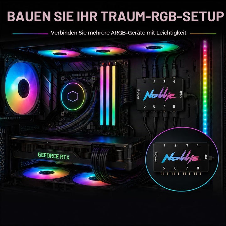 8-Port RGB Controller, ARGB Controller Sata Gespeister, 5V 3Pin ARGB Splitte, PC Beleuchtungs Hub