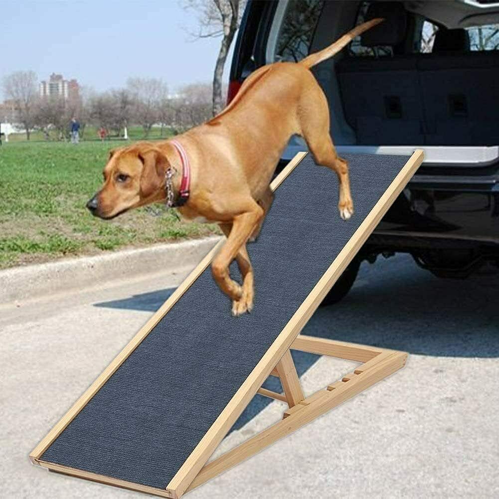 Hunderamp Holz Dog Ramp Indoor & Outdoor, aus Echtholz, mit 2 Höhenverstellbar und Rutschfestem Tepp