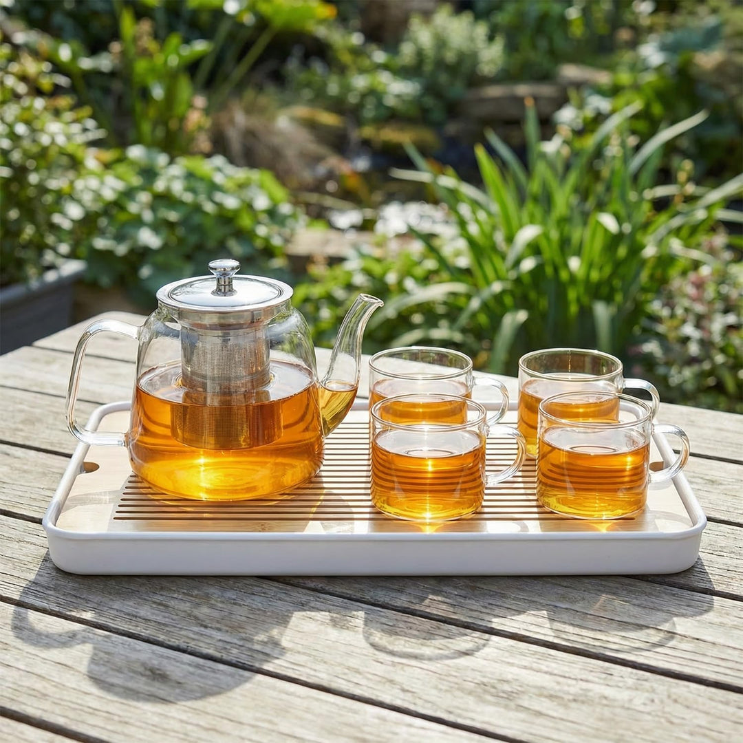 Grosse Teekanne Set aus Glas 1,5 Liter mit Siebeinsatz – Spülmaschinenfestes Teeset mit 4 Tassen für