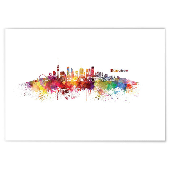 JUNIWORDS Poster mit/ohne Holzrahmen, Wähle ein Motiv, Aquarell Skyline München, Wähle eine Grösse,