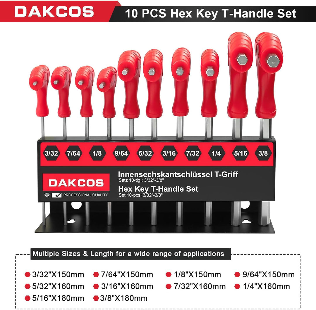DAKCOS 10 tlg Sechskantschlüssel Set mit T-Griff Innensechskant-Stiftschlüssel Sechskantschraubendre