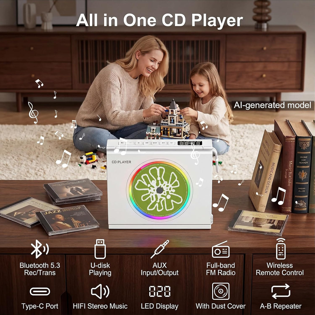 Gueray Tragbarer CD-Spieler mit Licht, Bluetooth 5.3 CD-Player mit Fernbedienung HiFi-Lautsprecher 4