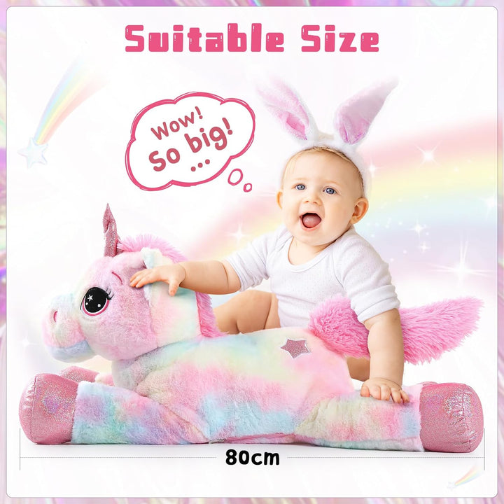 MorisMos Grosser Einhorn Riesen Einhorn Plüschtier XXL Stofftier Kuscheltiere gross 80cm Rosa Einhor