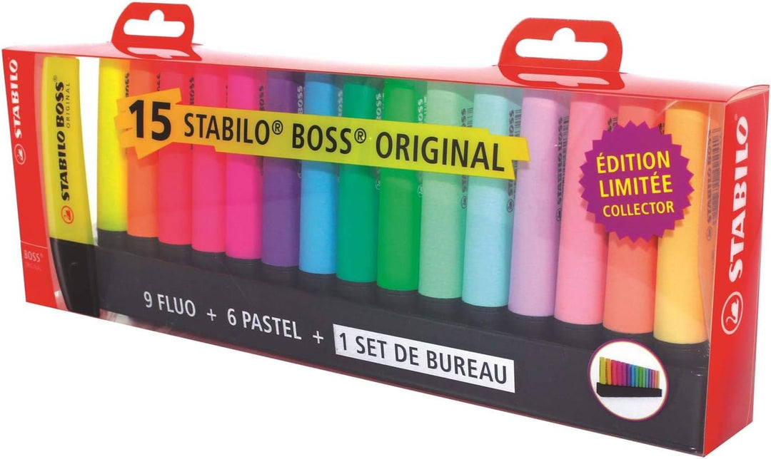 STABILO Set de Bureau 15 Surligneurs BOSS Coloris 9 Fluo et 6 Pastel