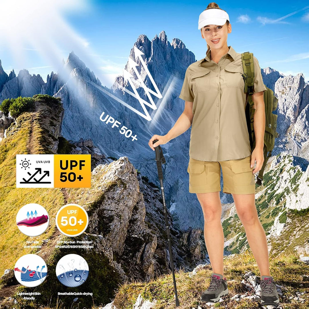 yeyity Hemdbluse Damen Kurzarm UV Schutz Wander Shirt Damen Atmungsaktiv Safari Hemd Schnelltrocknen