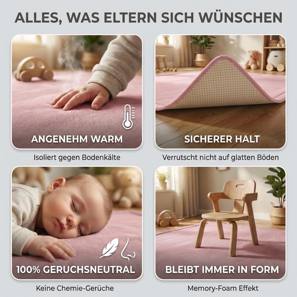 BabybeFun Krabbelmatte Baby - kuschelig weich - 3cm Dicke Spielmatte - schützt vor Stössen - Teppich