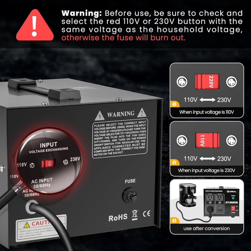 Anbull DT- 3000W Spannungswandler Ringkern-Transformator, Spannungswandler 110V auf 230V, Step up do