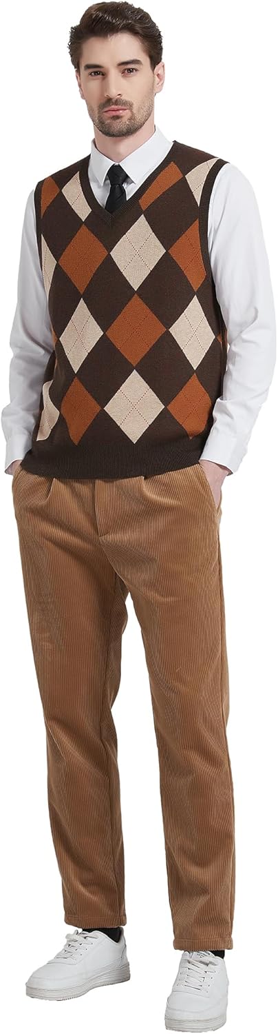 Kallspin Herren Argyle Gestrickt Ärmellos Pullover Wollmischung V-Ausschnitt Strickwesten XL Braun,