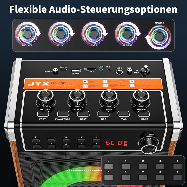 JYX Karaoke Maschine mit 2 UHF-Funkmikrofonen, Bluetooth-Lautsprecher mit Bass-/Höhen-Einstellung un