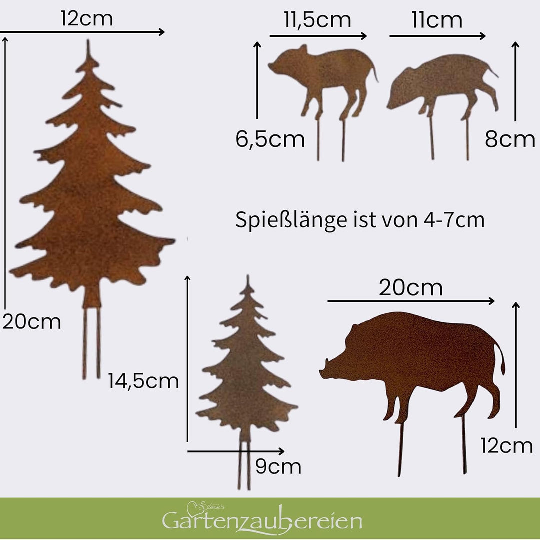 Storm's Gartenzaubereien Gartenstecker Wildschwein Figuren mit Tannen 5er Set in Rostoptik als Weihn