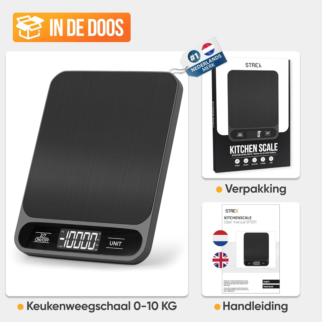 Strex Küchenwaage Digital - Waage Küche - 1 g bis 10 kg - Tarra Funktion - Inklusive Batterien - Sch