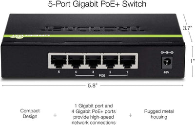 TRENDnet TPE-TG50G 5-Port Gigabit PoE+ Switch, 31 Watt PoE Gesamtleistung, 10 Gbit/s Schaltkapazität