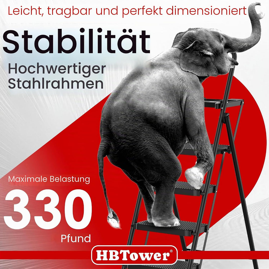 HBTower Trittleiter 4 Stufen klappbar, Leiter mit Breitem Anti-Rutsch-Pedal, Trittleiter mit Bequeme