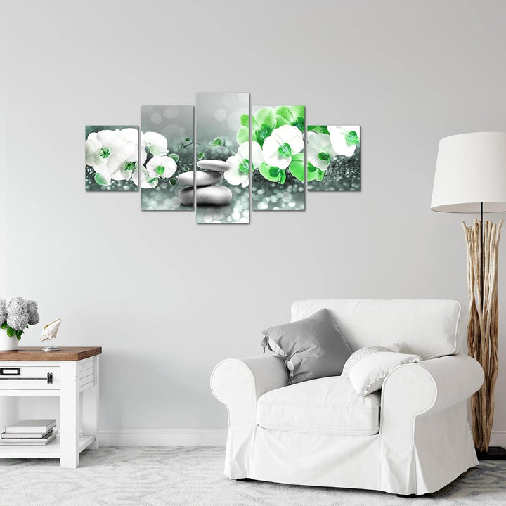 Runa Art Wandbilder Blumen Orchidee 5 Teilig Bild auf Vlies Leinwand Deko Wohnzimmer Spa Grau Türkis