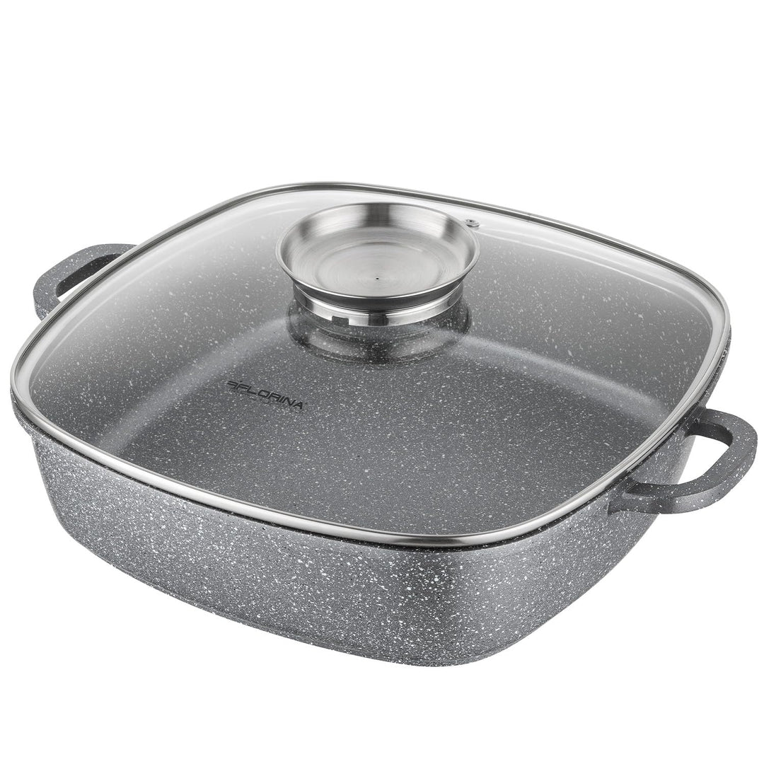 FLORINA Aluminium Schmortopf 3,5 l l Bräter LAVA Quadratisch mit Glasdeckel und Griffe l Backofengee