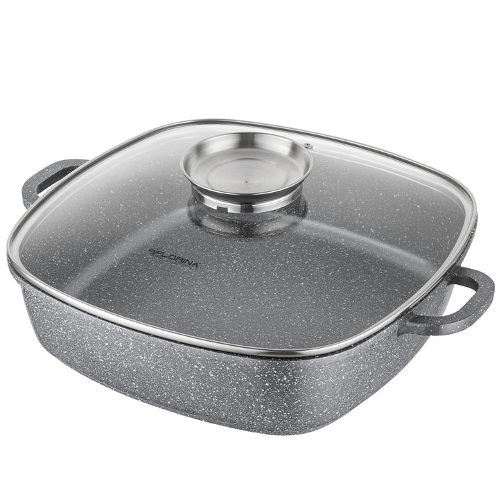 FLORINA Aluminium Schmortopf 3,5 l l Bräter LAVA Quadratisch mit Glasdeckel und Griffe l Backofengee