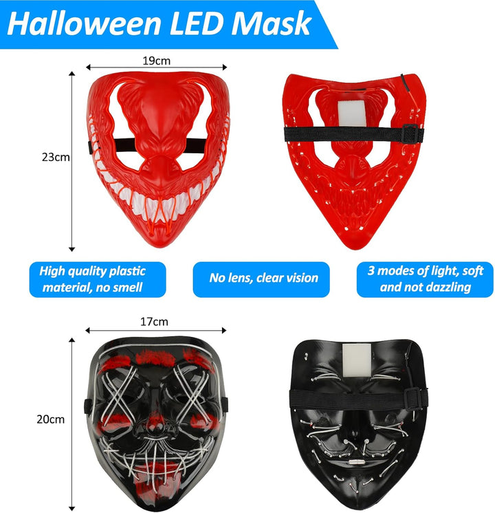 OUILA LED Halloween Maske, 2 Pack Neon Leuchtmaske mit 3 Leuchtmodi für Herren, Damen, Cosplay, Hall