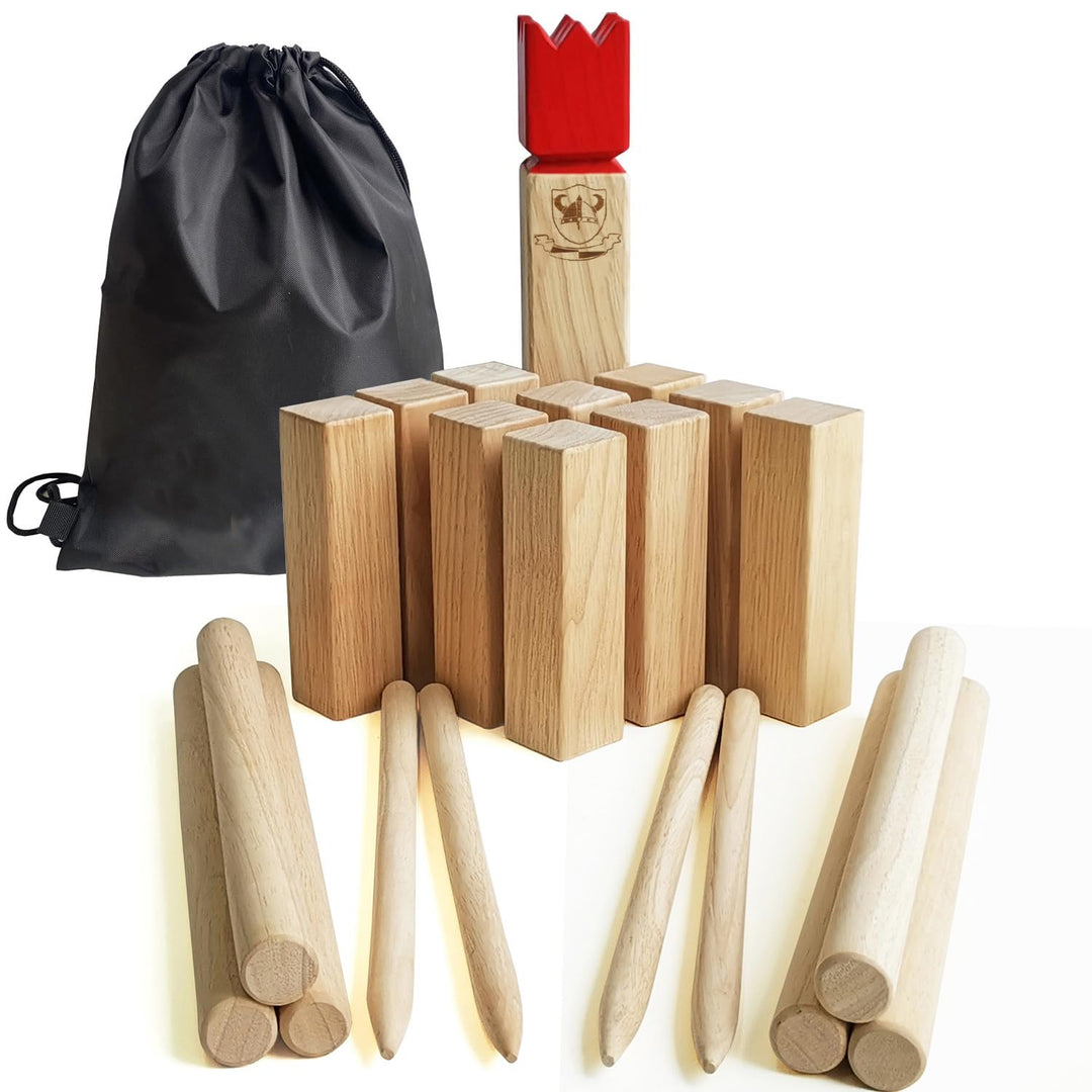 Jac & Mok Kubb Spiel - Wikinger-Spiele in Hartholz - Freispiele Mit Wurf (Rot, 5 x 5 x 30 cm - King)