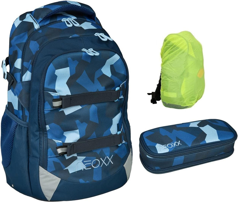 neoxx Active Schulrucksack 3tlg. Set mit Schlamper-Box und Regenschutz-Hülle | Rucksack für die Schu