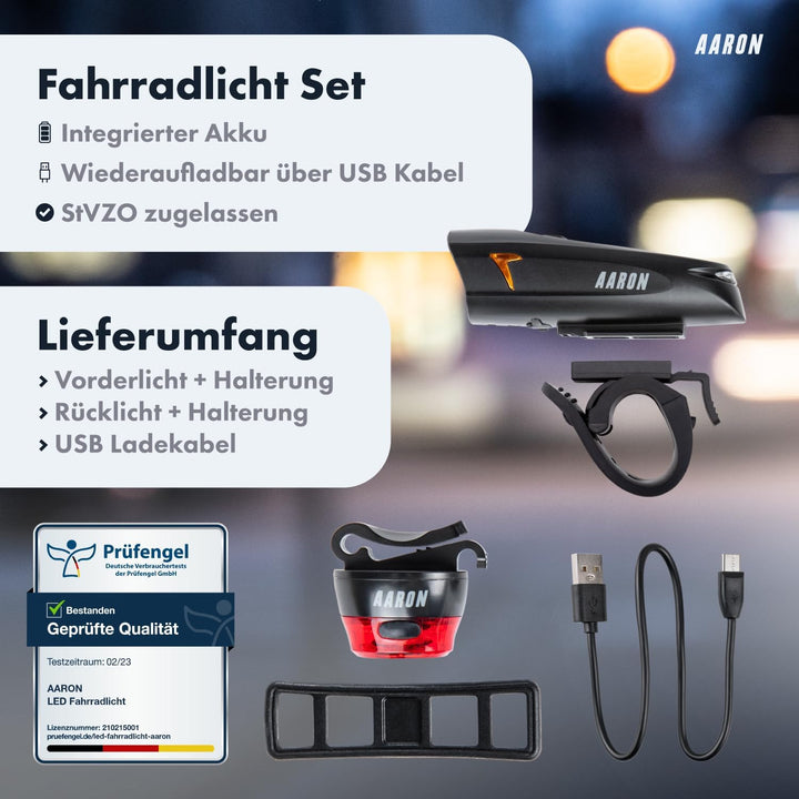 AARON 100 LUX Fahrradlichter Set (9h Leuchtdauer), StVZO zugelassen, 2000 mAh Akku Fahrrad Licht Set