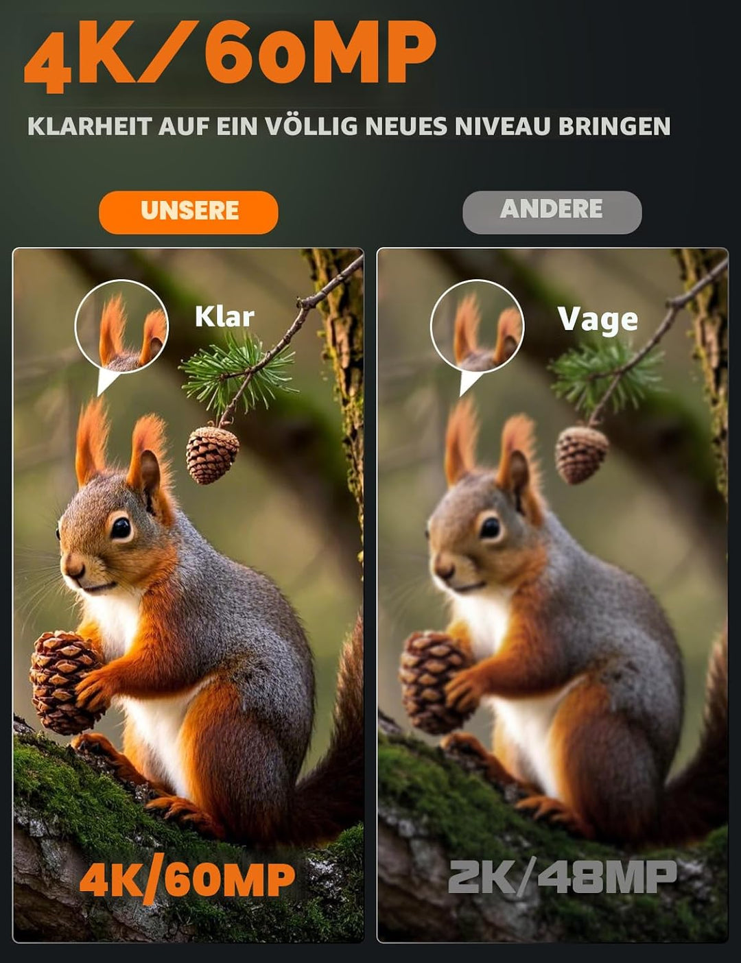 Wildkamera mit Handyübertragung App, 4K 60MP HD Solar WLAN Wildkamera, 5200mAH Akku, Wildtierkamera