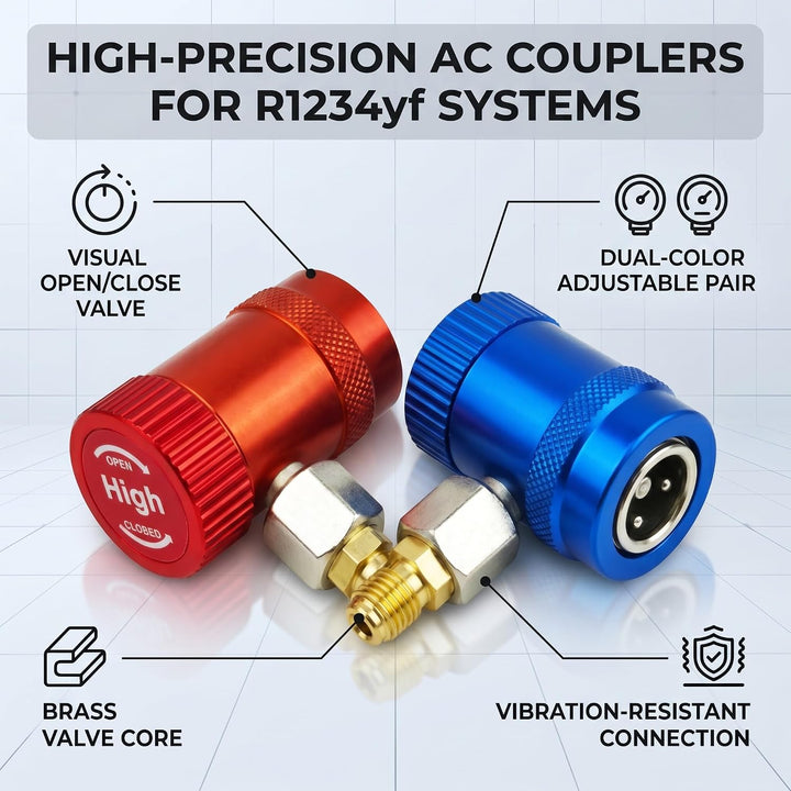 R1234yf Kältemitteladapter, HD/ND 1/4" SAE | Messing Hochdruck Niederdruck Kupplungen, KFZ Klimaanla